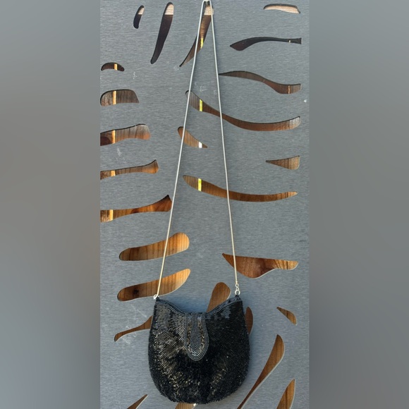 Vintage Hand Beaded Black Evening Shoulder Purse Bag - Picture 9 of 9